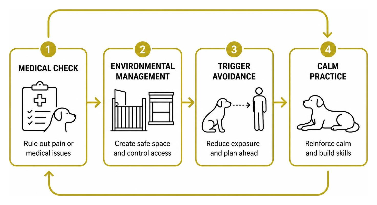 Diagram showing safety management loop: medical check, environmental management, trigger avoidance, and calm practice Diagram showing safety management loop: medical check, environmental management, trigger avoidance, and calm practice
