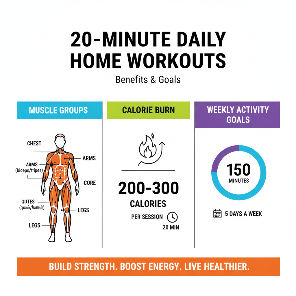 Benefits of 20-minute daily home workouts infographic showing muscle groups, calorie burn, and weekly activity goals Benefits of 20-minute daily home workouts infographic showing muscle groups, calorie burn, and weekly activity goals