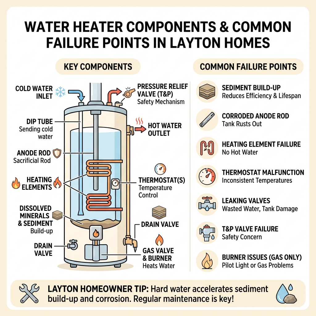 Infographic showing water heater components and common failure points in Layton homes - water heater repair layton Infographic showing water heater components and common failure points in Layton homes - water heater repair layton