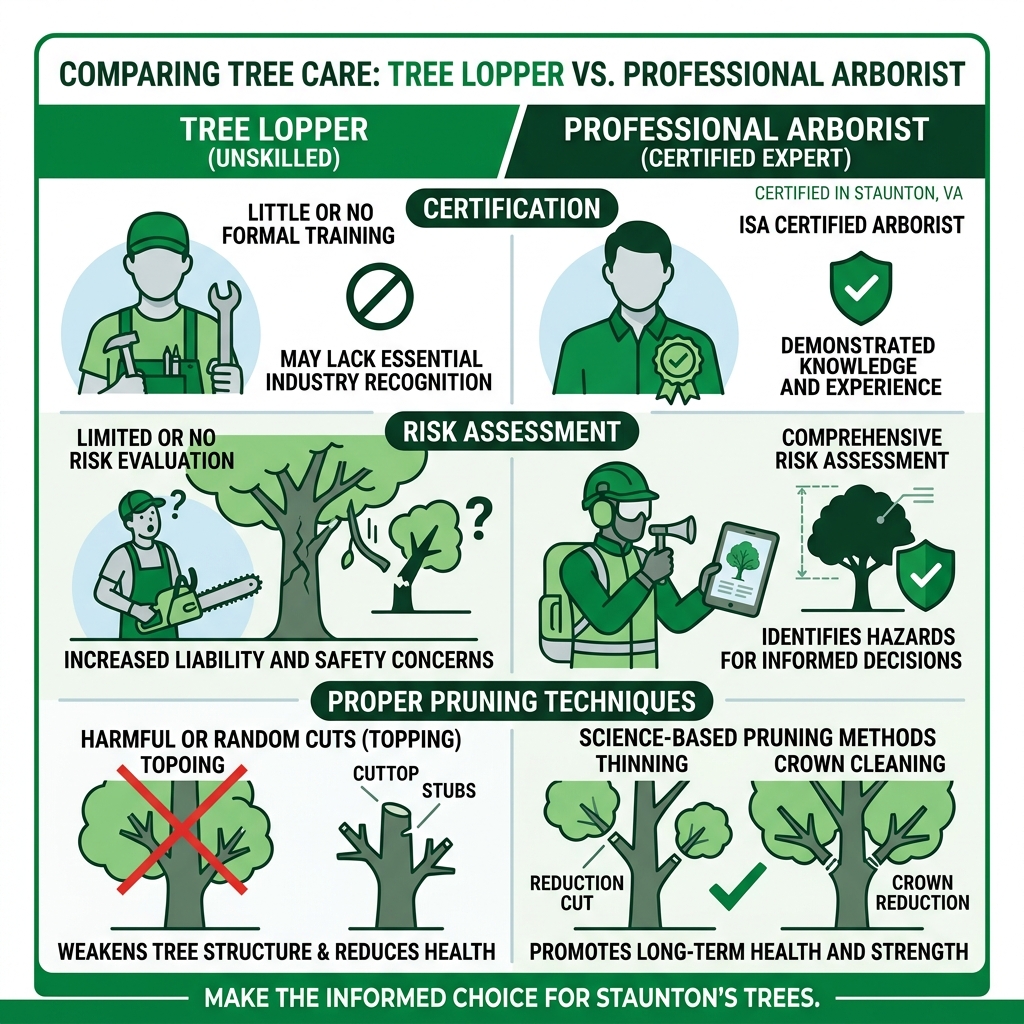 Infographic comparing a tree lopper vs. a professional arborist: certification, risk assessment, and proper pruning Infographic comparing a tree lopper vs. a professional arborist: certification, risk assessment, and proper pruning