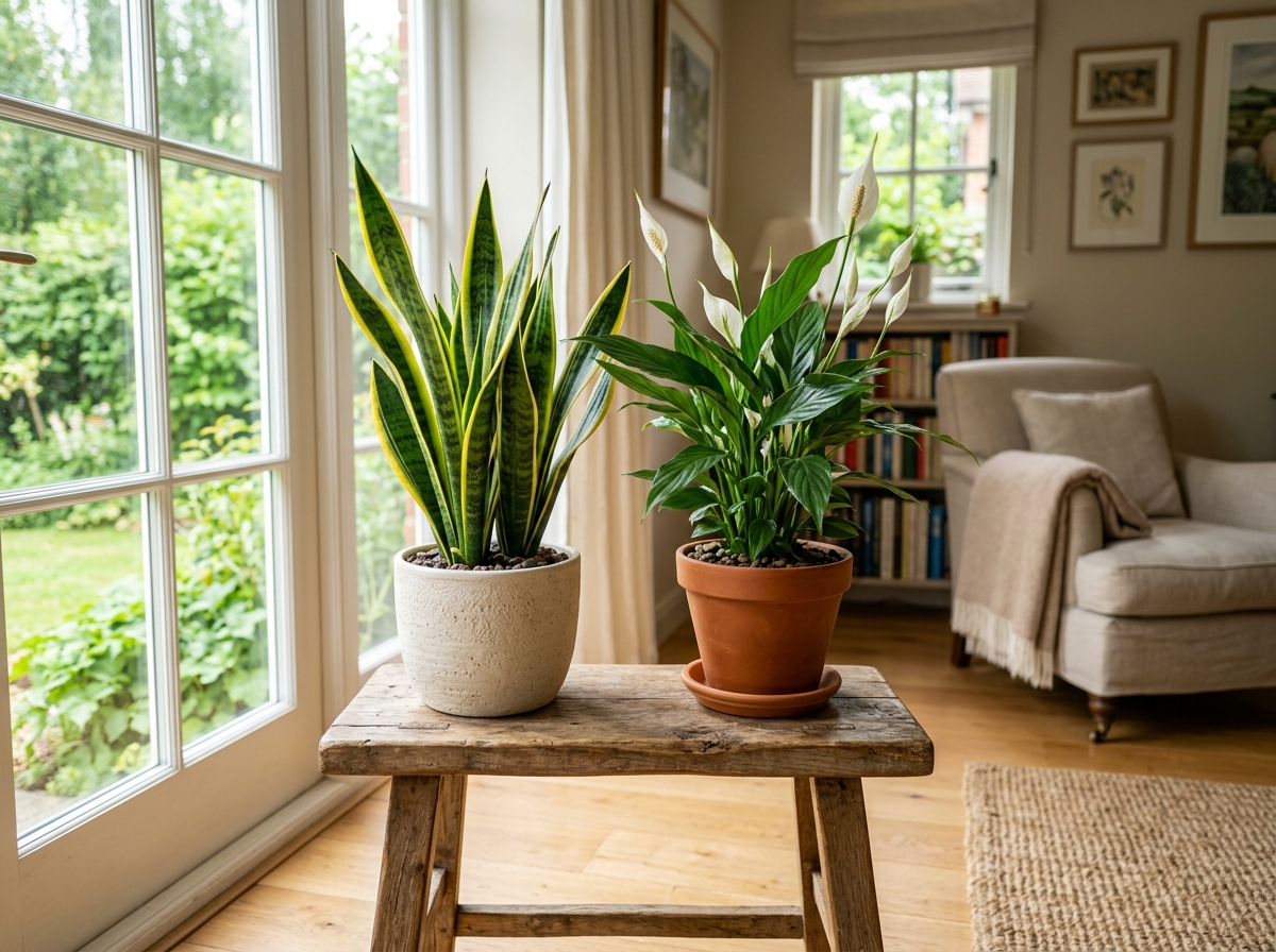 Snake Plant and Peace Lily sitting on a wooden stool in a bright room - tropical air purifying houseplants top Snake Plant and Peace Lily sitting on a wooden stool in a bright room - tropical air purifying houseplants top