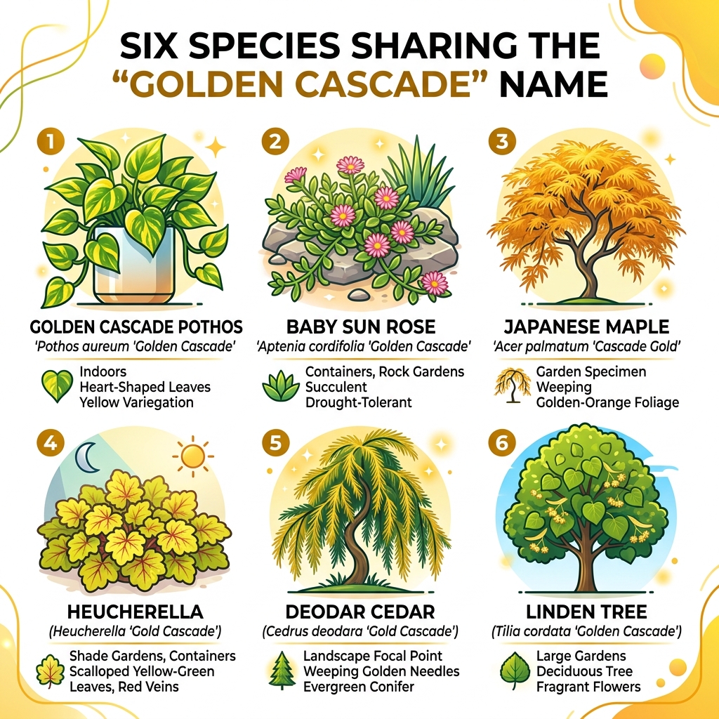 Infographic showing six species sharing the Golden Cascade name with key traits - golden cascade plant infographic Infographic showing six species sharing the Golden Cascade name with key traits - golden cascade plant infographic