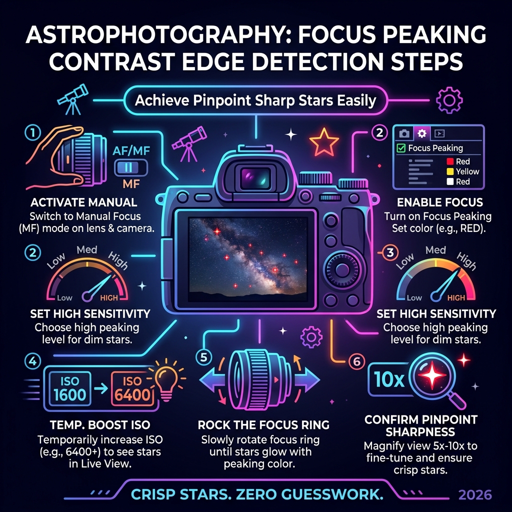 Infographic showing focus peaking contrast edge detection steps for astrophotography night sky - focus peaking Infographic showing focus peaking contrast edge detection steps for astrophotography night sky - focus peaking