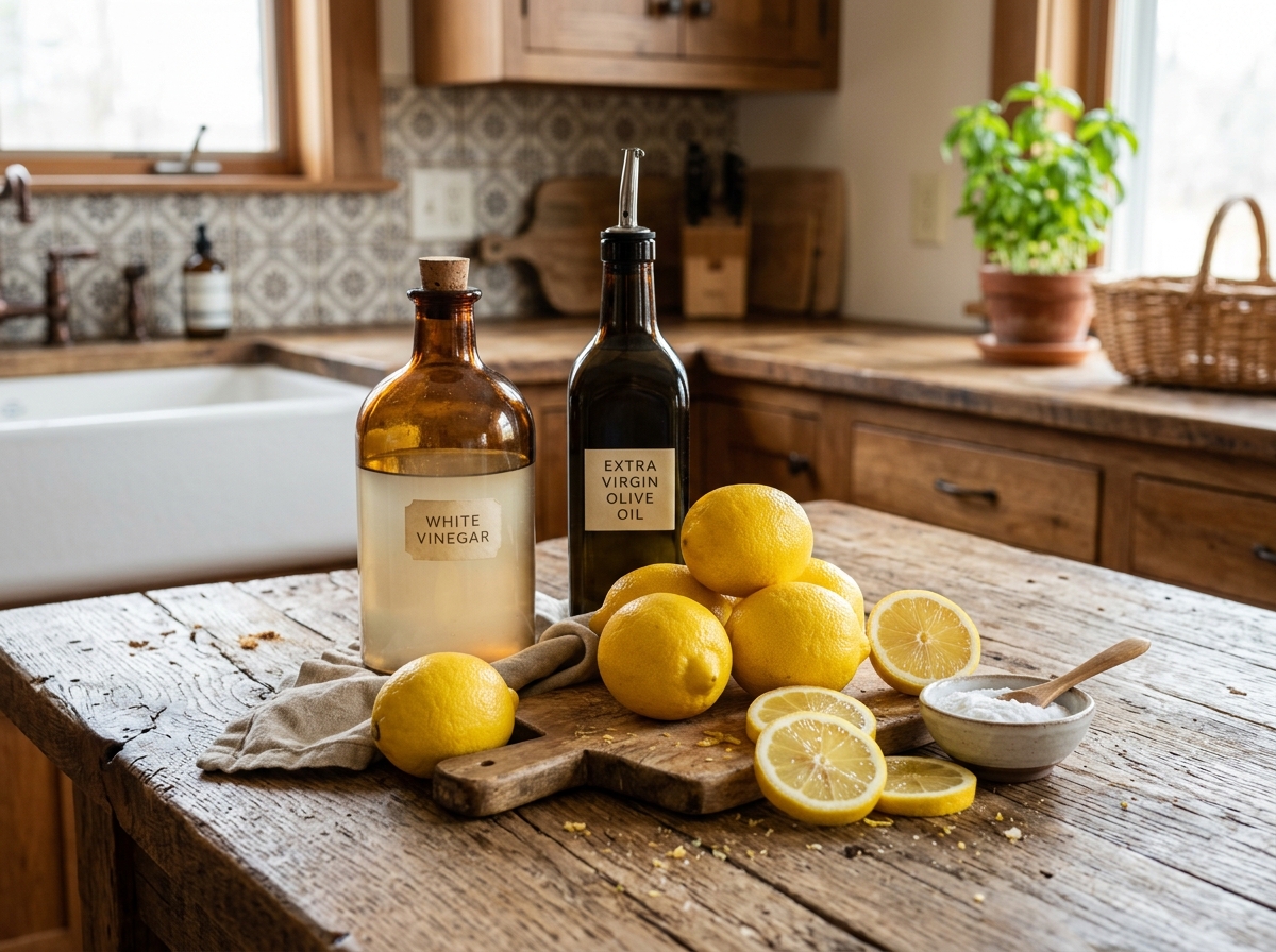 Natural ingredients like vinegar, oil, and lemons arranged on a wooden surface - homemade floor polish