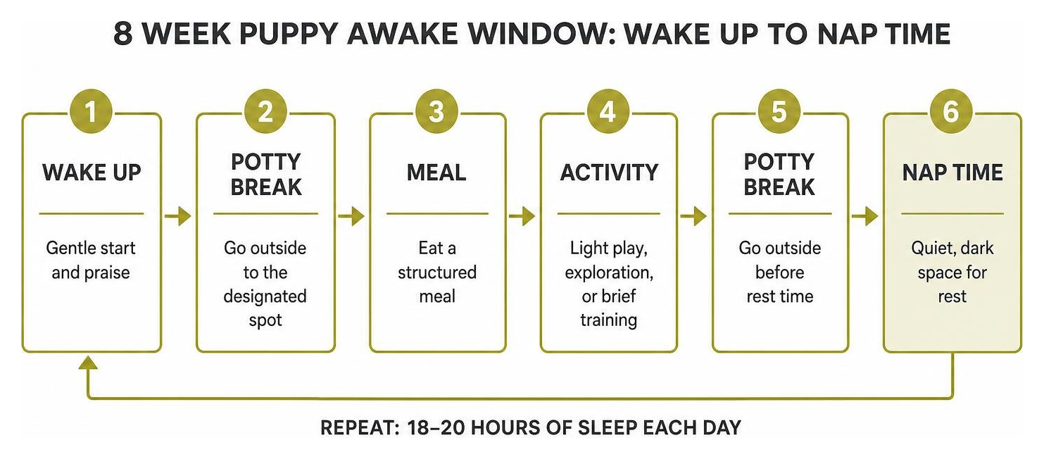 8 week puppy awake window process from wake up to nap time