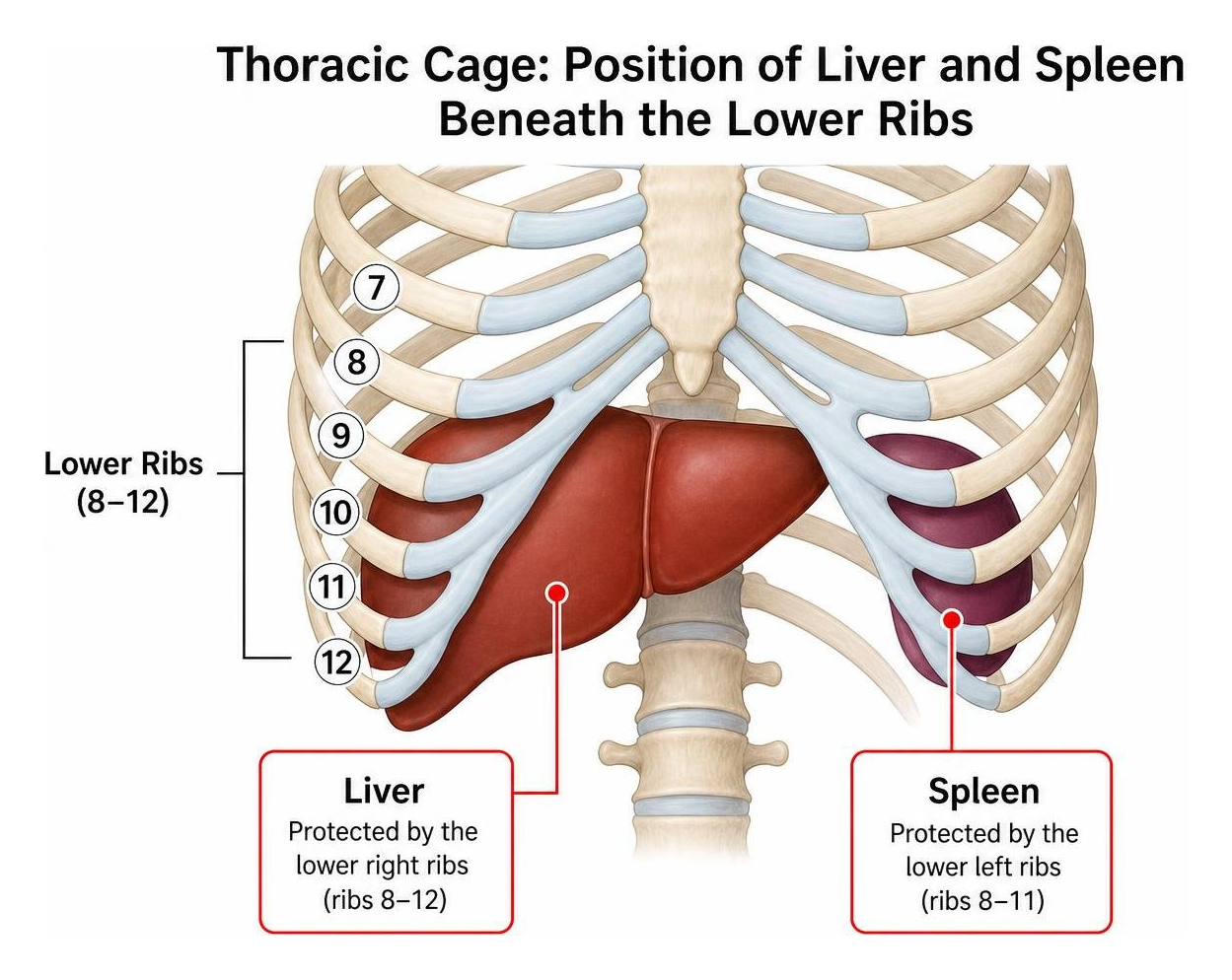 Diagram of thoracic cage showing liver and spleen position beneath the lower ribs