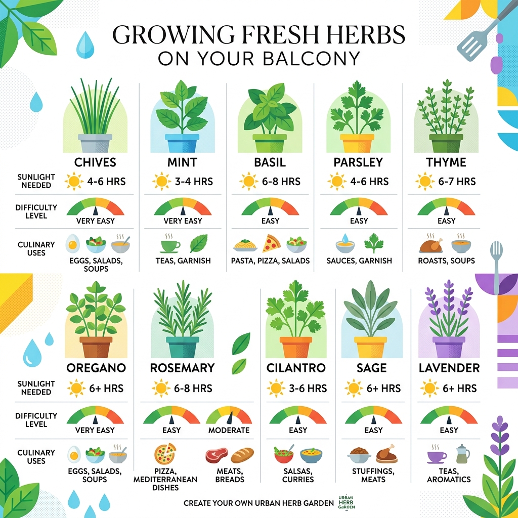benefits of homegrown balcony herbs infographic showing sunlight needs, difficulty, and culinary uses - best herbs for