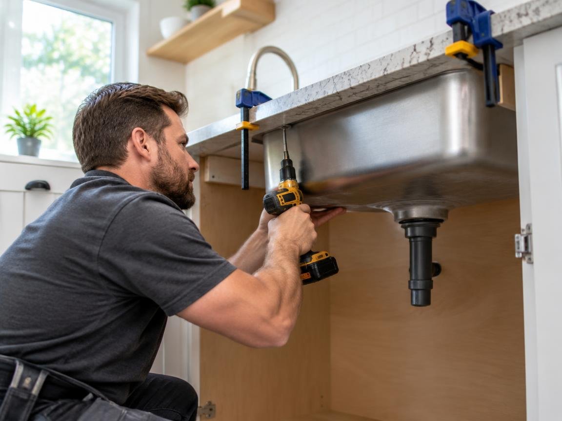 Professional Installer Securing Undermount Sink Under Stone Countertop
