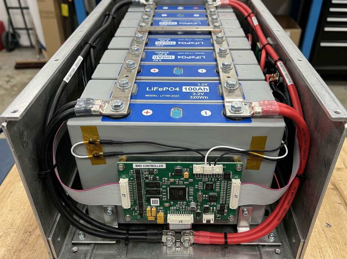 Internal view of LiFePO4 battery cells and management system - 10kwh battery backup Internal view of LiFePO4 battery cells and management system - 10kwh battery backup