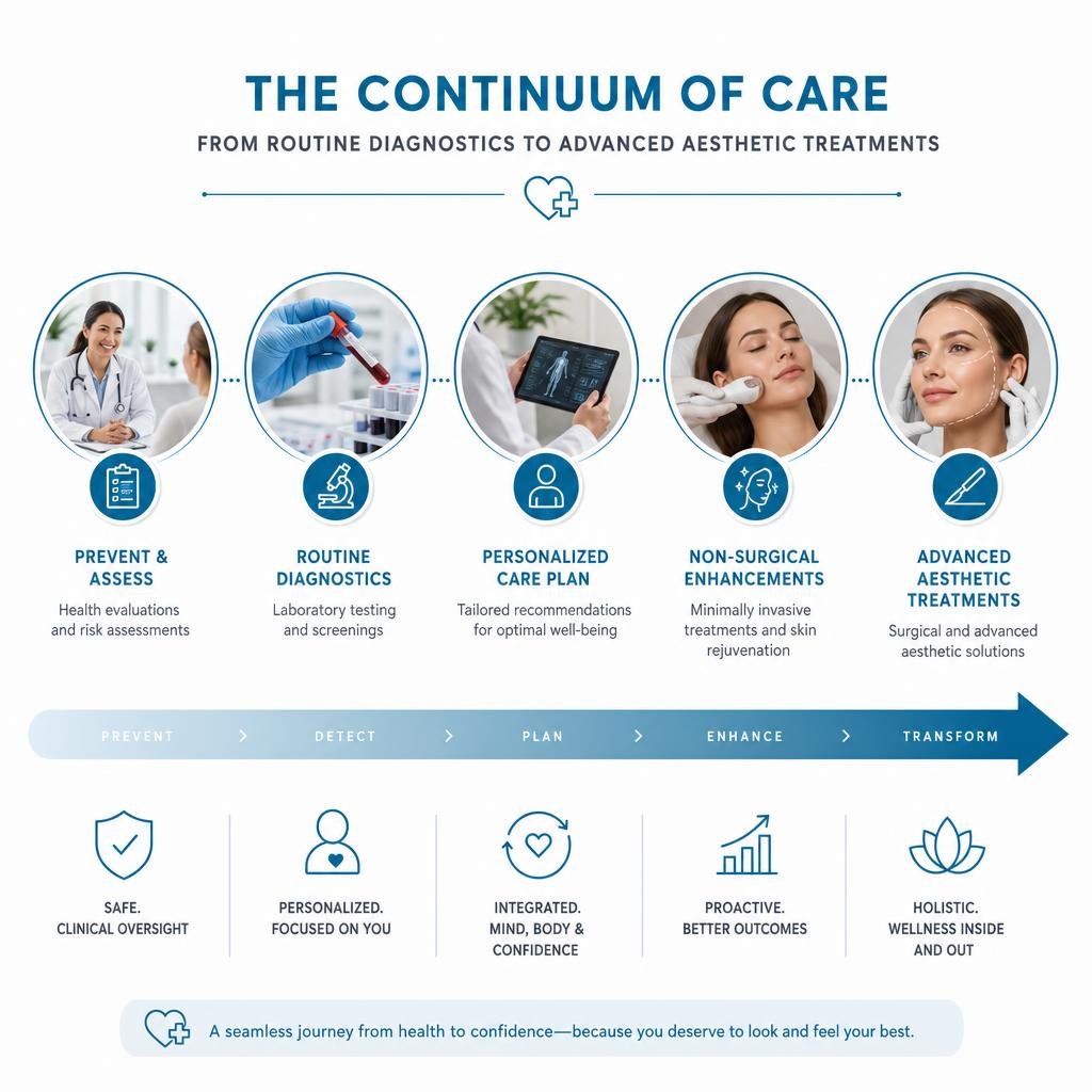 Infographic explaining the continuum of care from routine diagnostics to advanced aesthetic treatments infographic