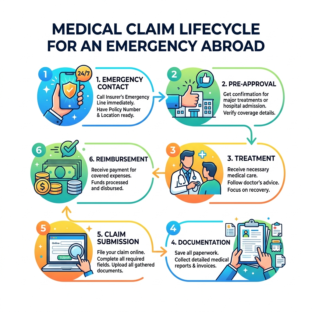 Medical claim lifecycle: emergency contact, pre-approval, treatment, documentation, claim submission, reimbursement