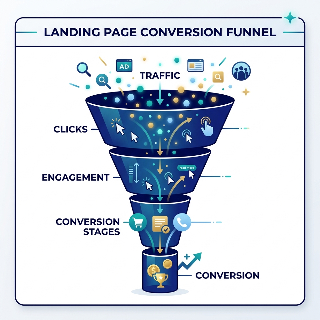 Landing page conversion funnel showing traffic, clicks, engagement, and conversion stages - landing page design agencies