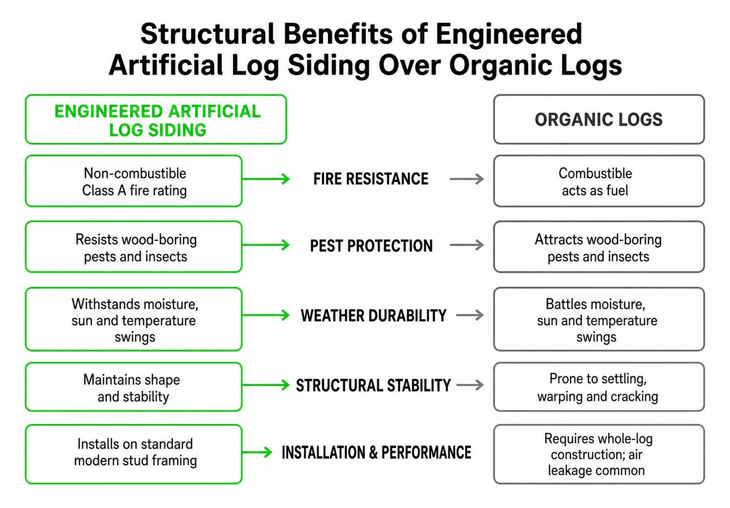 Diagram showing structural benefits of engineered artificial log siding over organic logs Diagram showing structural benefits of engineered artificial log siding over organic logs