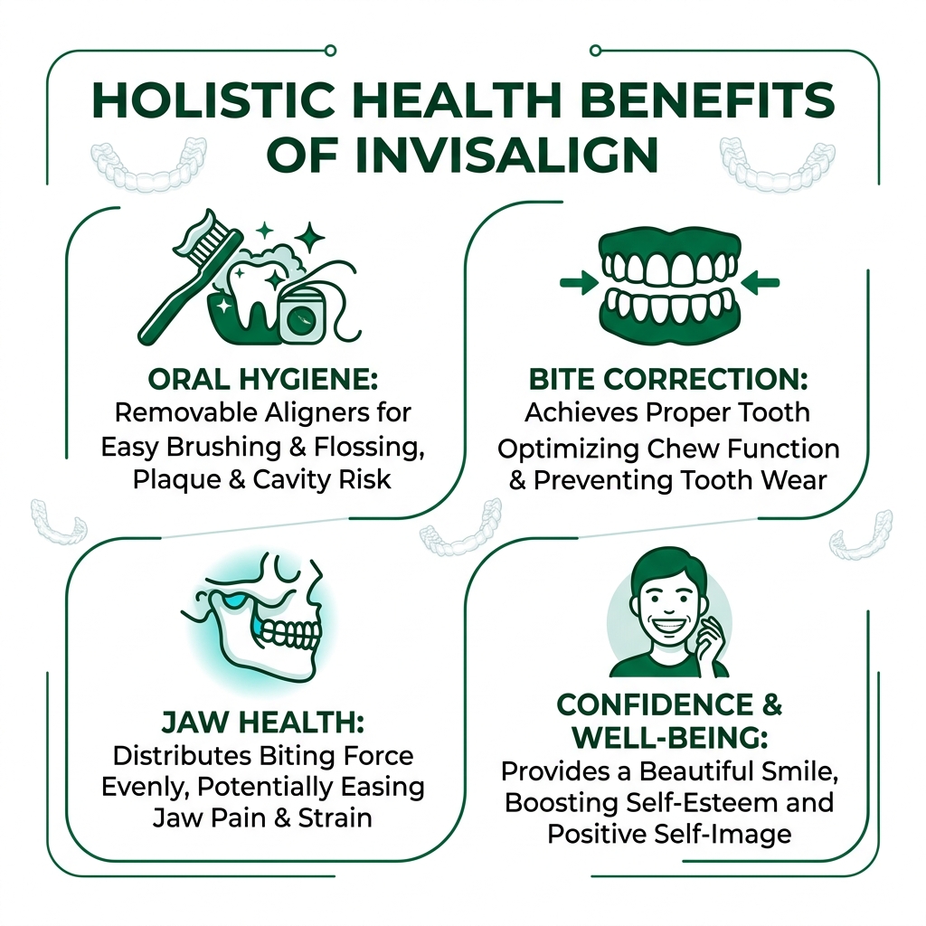 Infographic showing holistic health benefits of Invisalign including oral hygiene, bite correction, jaw health, and