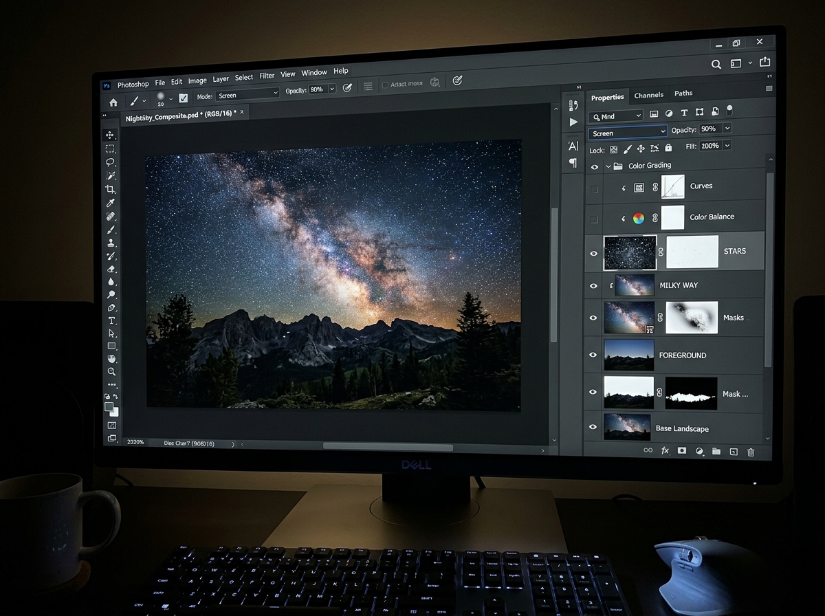 The Photoshop interface showing the layers panel with masks and blend modes - how to composite night sky photos