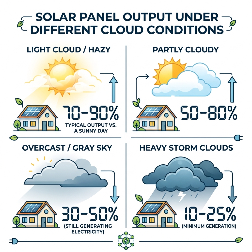 Infographic showing solar panel output percentages under different cloud conditions - do solar panels work in cloudy weather Infographic showing solar panel output percentages under different cloud conditions - do solar panels work in cloudy weather