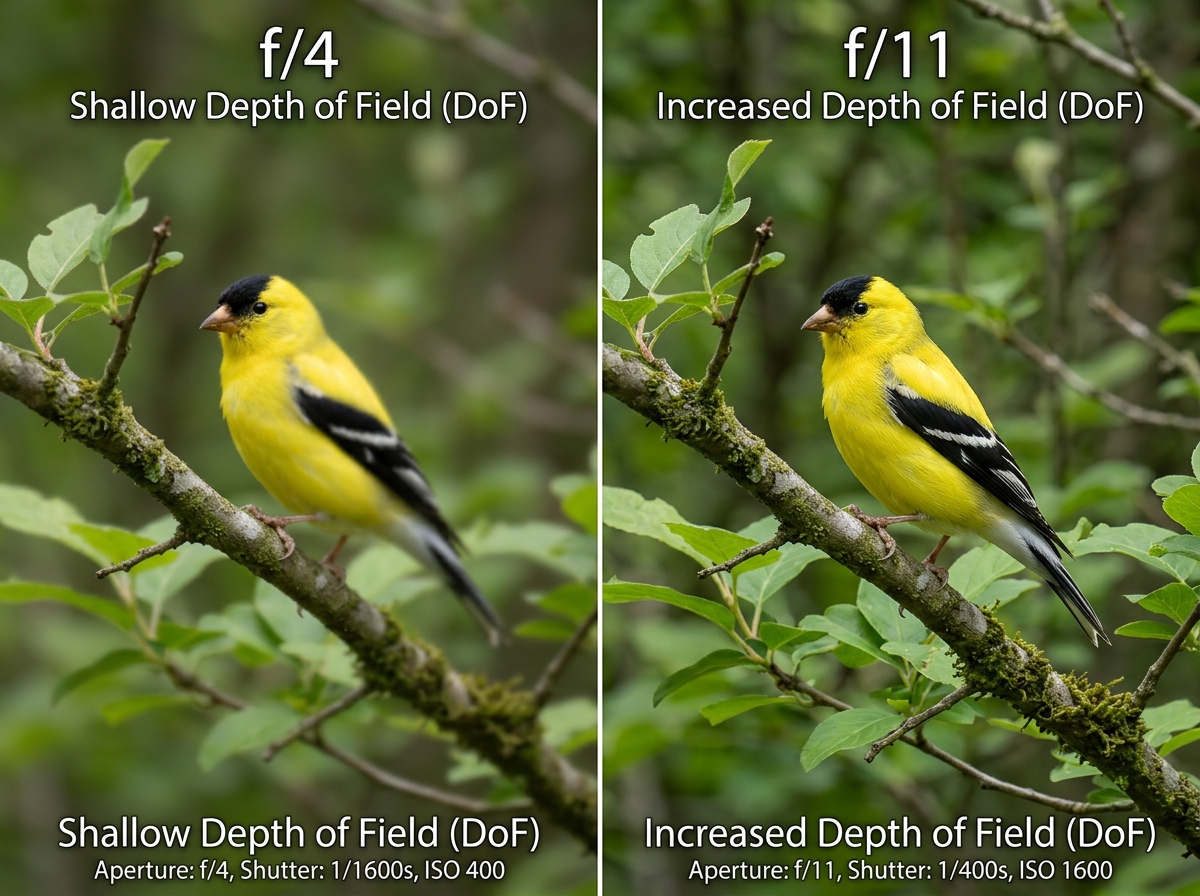 comparison of a songbird at f/4 with blurry tail vs f/11 with sharp surroundings - best aperture for bird photography comparison of a songbird at f/4 with blurry tail vs f/11 with sharp surroundings - best aperture for bird photography