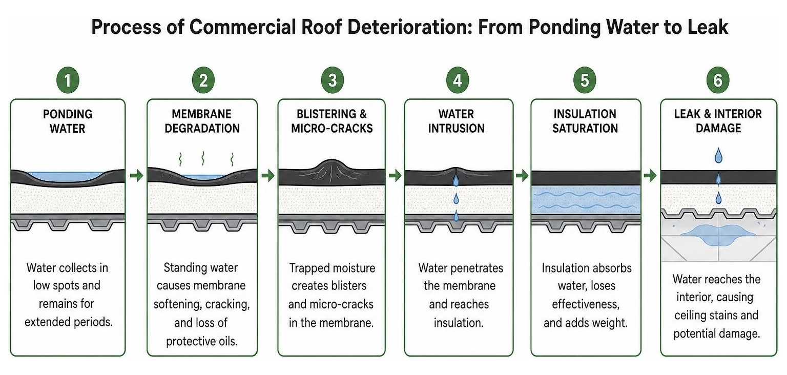 Process of commercial roof deterioration from ponding water to leak