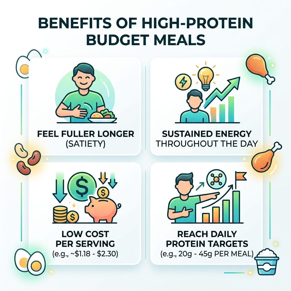 infographic showing benefits of high-protein budget meals including satiety, energy, cost per serving, and protein targets