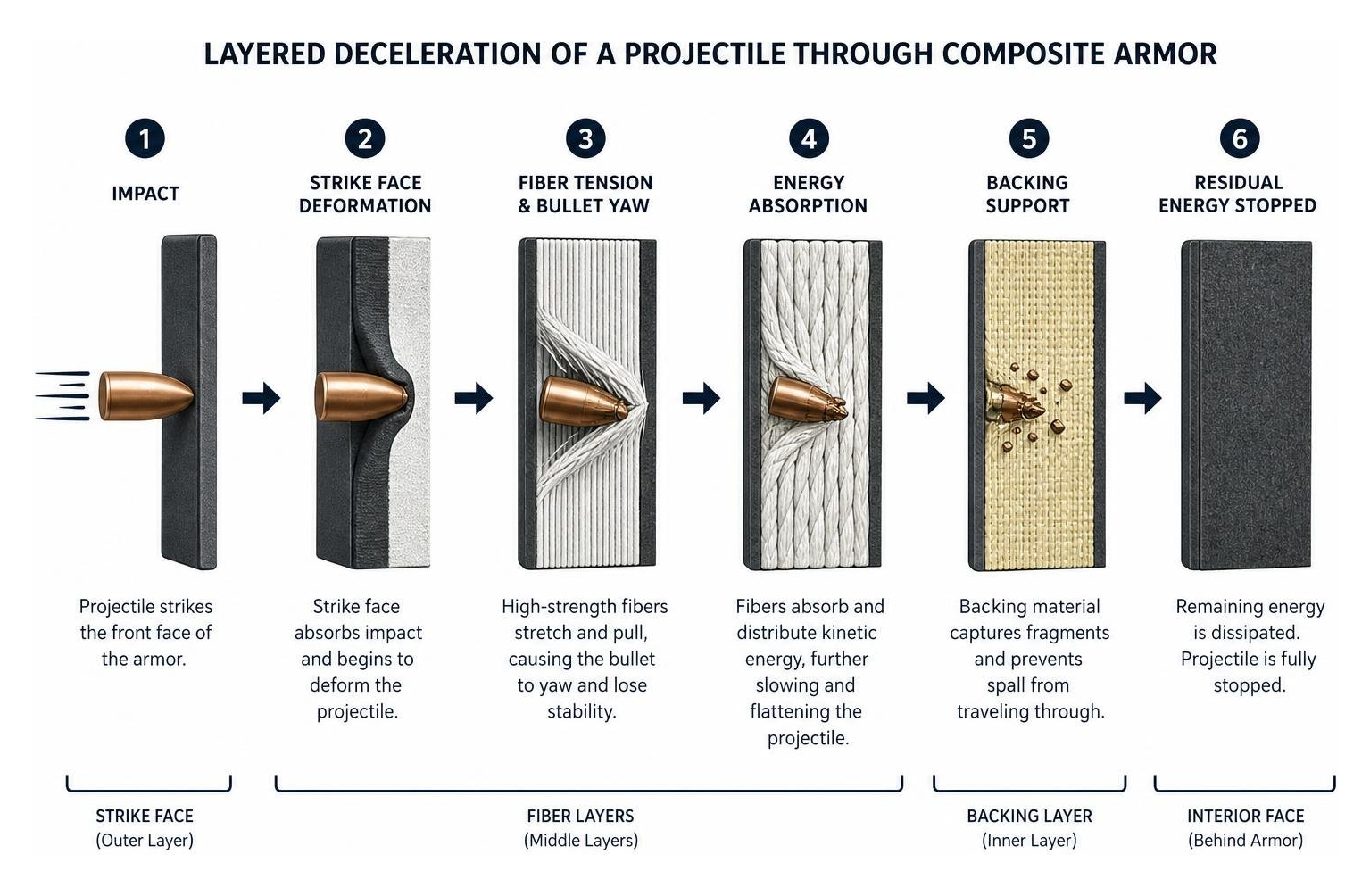 Diagram showing the layered deceleration of a projectile through composite armor Diagram showing the layered deceleration of a projectile through composite armor