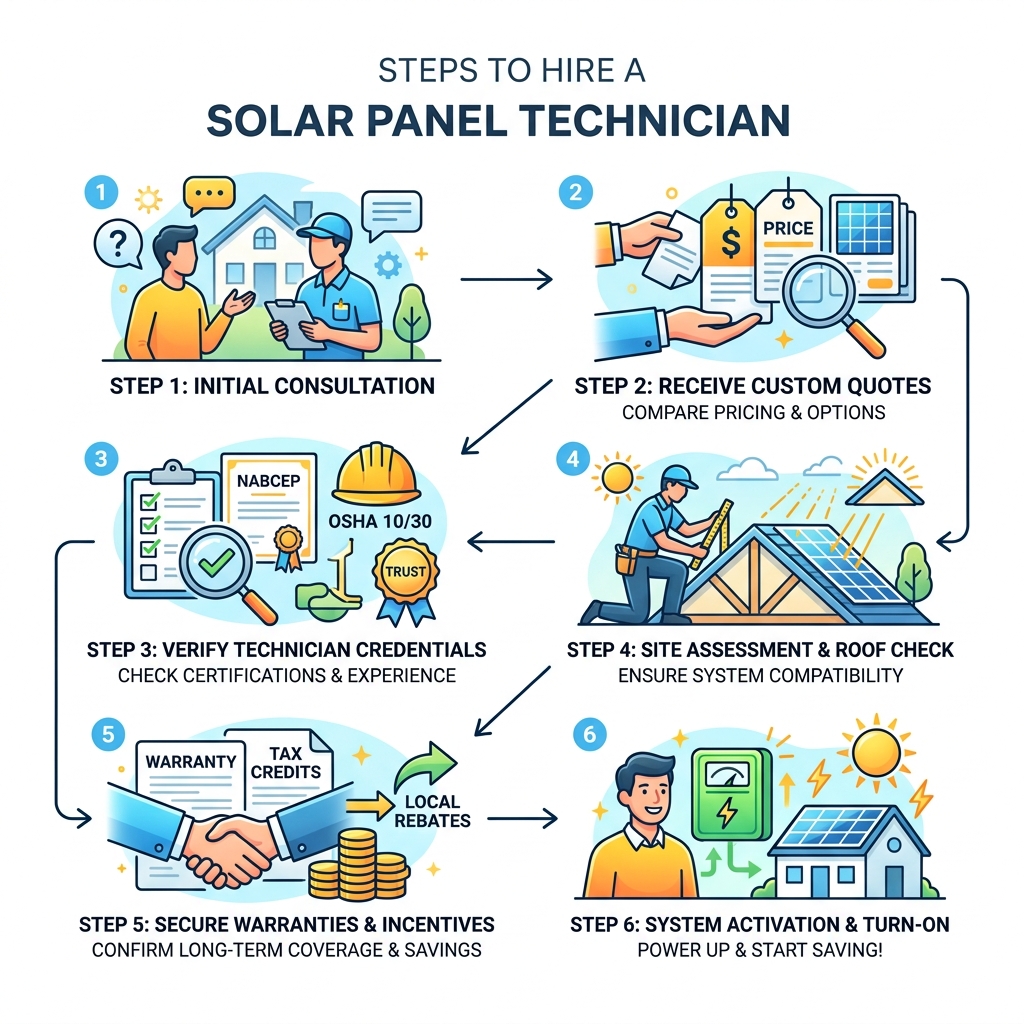 Steps to hire a solar panel technician from consultation to system activation infographic - hire solar panel technician Steps to hire a solar panel technician from consultation to system activation infographic - hire solar panel technician