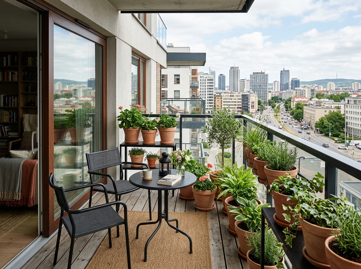 color-coordinated planters and furniture - balcony decor ideas with plants