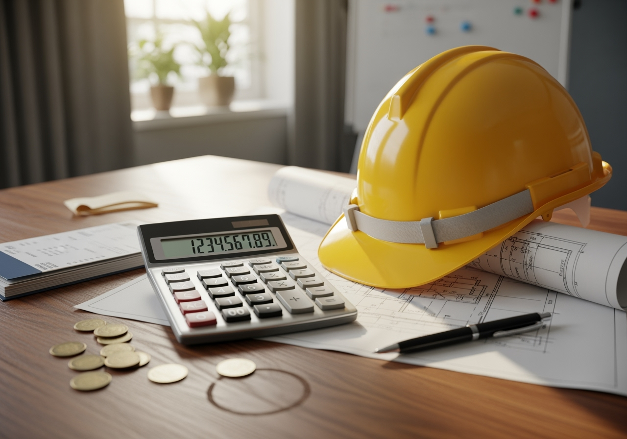 A calculator and a hard hat on a desk, symbolizing construction finances - Construction bond rates