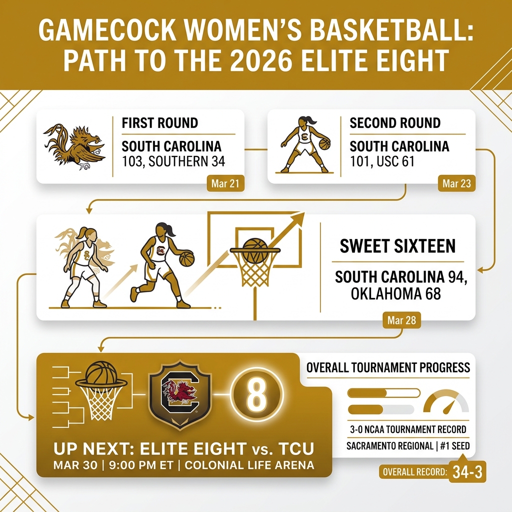 Infographic showing South Carolina Gamecocks' path to the 2026 NCAA Tournament Elite Eight with round-by-round results Infographic showing South Carolina Gamecocks' path to the 2026 NCAA Tournament Elite Eight with round-by-round results