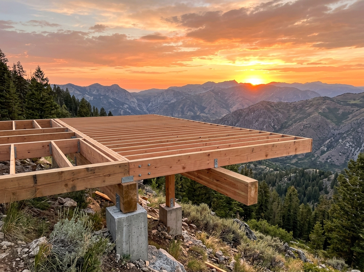 cantilevered deck joist detail Utah mountains background sunset - deck permit span charts