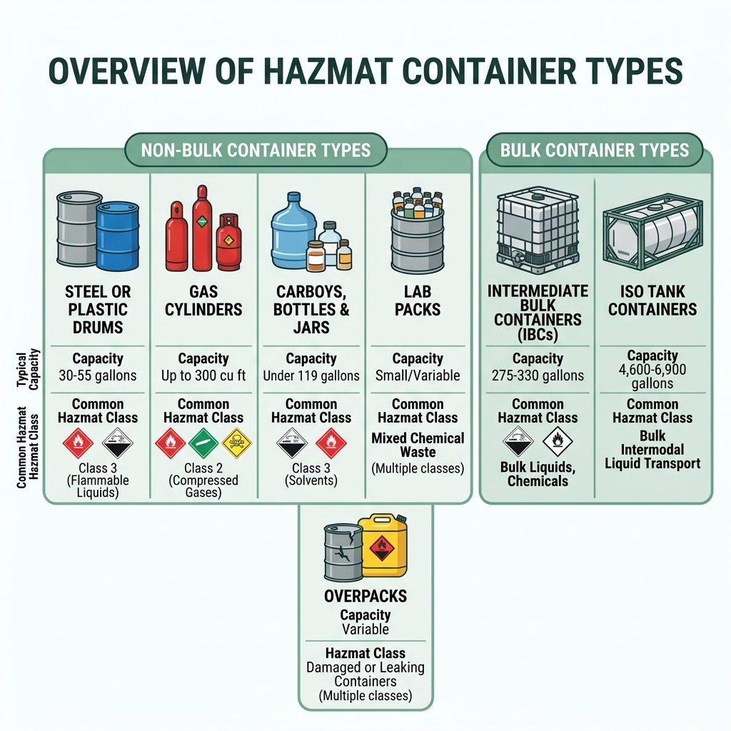 Overview infographic of hazmat container types by category, capacity, and common hazmat class - hazmat container types Overview infographic of hazmat container types by category, capacity, and common hazmat class - hazmat container types