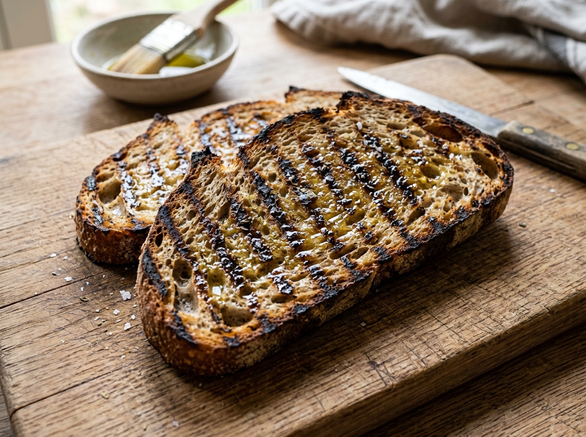 Thick grilled sourdough slices with visible char marks and olive oil sheen - summer bruschetta ideas Thick grilled sourdough slices with visible char marks and olive oil sheen - summer bruschetta ideas