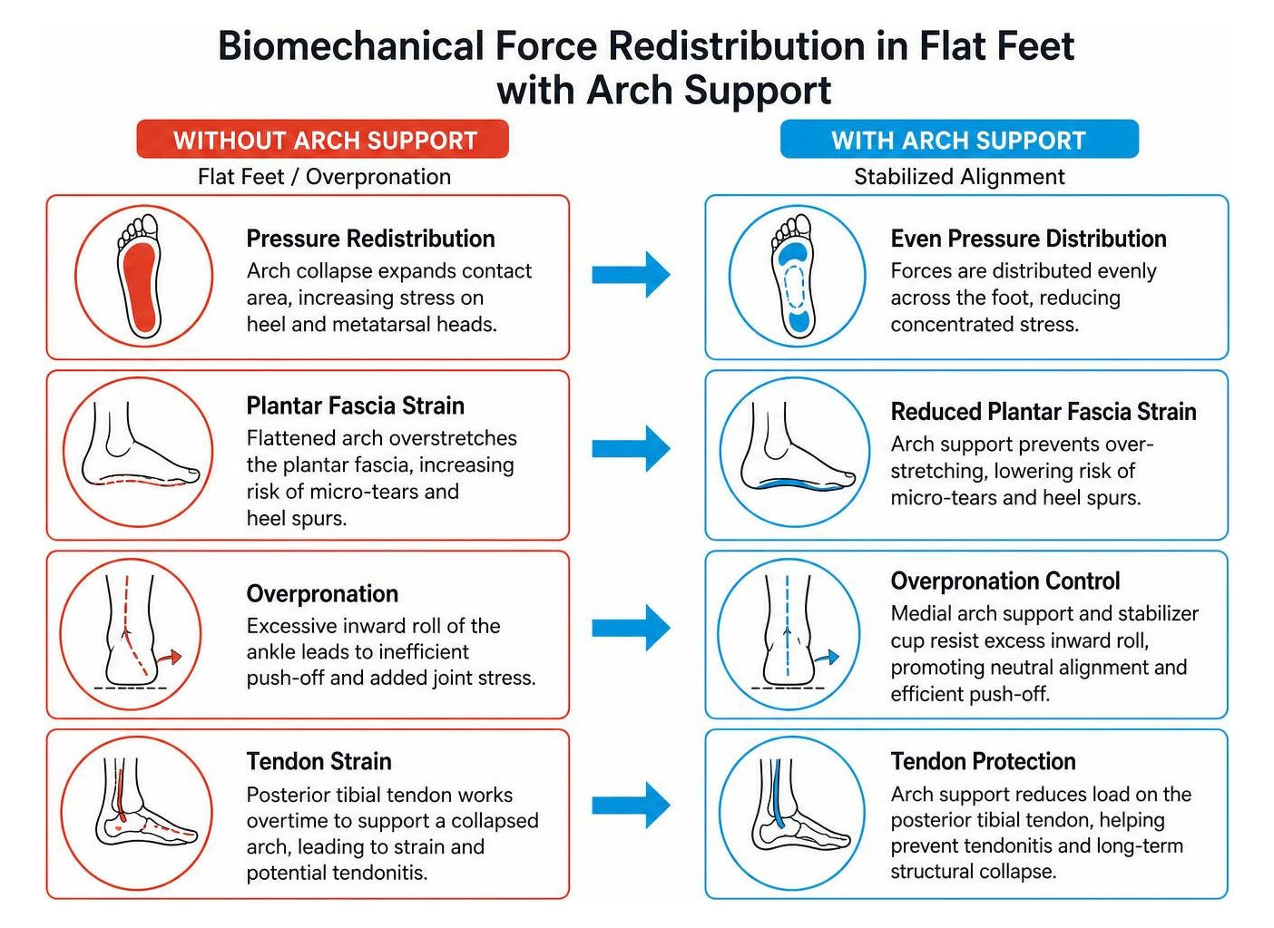 Biomechanical force redistribution in flat feet with arch support Biomechanical force redistribution in flat feet with arch support