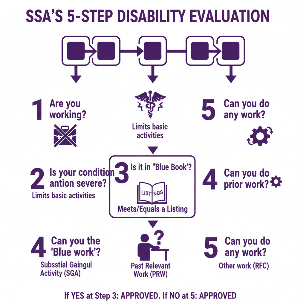 Infographic explaining the SSA's 5-step sequential evaluation process - List of disabling impairments infographic 