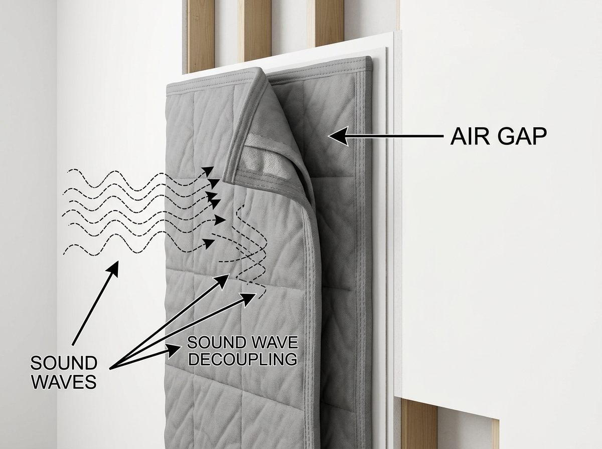 Illustration of layering two soundproof blankets on a wall with an air gap - best cheap soundproof blanket Illustration of layering two soundproof blankets on a wall with an air gap - best cheap soundproof blanket
