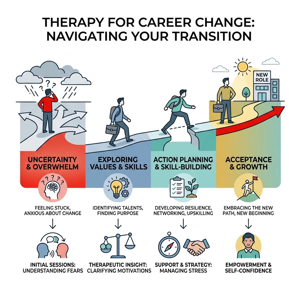 infographic showing emotional stages of career transition from uncertainty to acceptance - therapy for career change infographic infographic showing emotional stages of career transition from uncertainty to acceptance - therapy for career change infographic