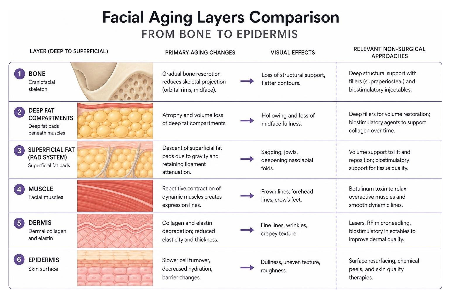 Facial aging layers comparison from bone to epidermis