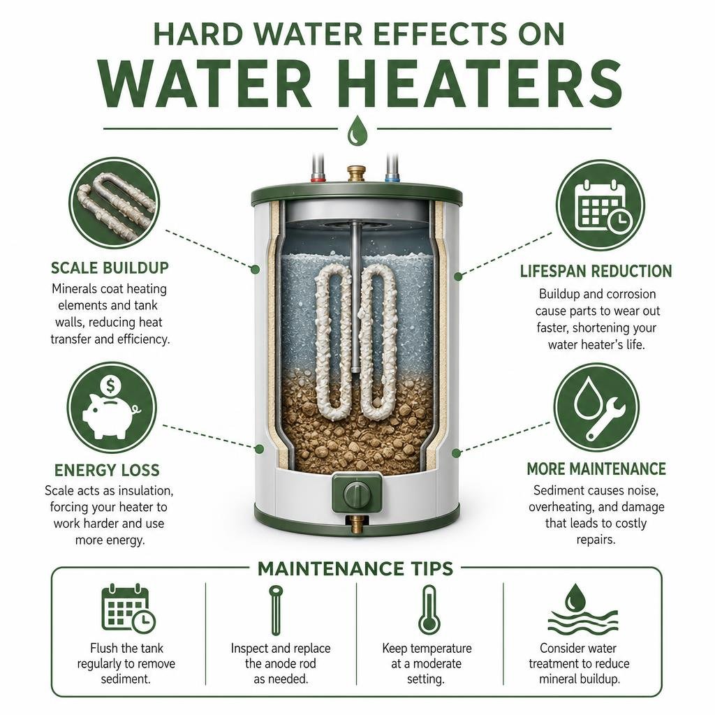Infographic showing hard water effects on water heaters: scale buildup, lifespan reduction, energy loss, and maintenance