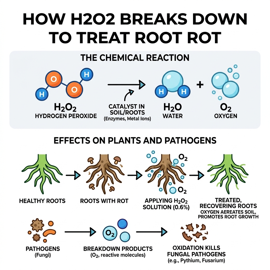 How H2O2 breaks down into oxygen and water to treat root rot in houseplants - hydrogen peroxide root rot infographic How H2O2 breaks down into oxygen and water to treat root rot in houseplants - hydrogen peroxide root rot infographic