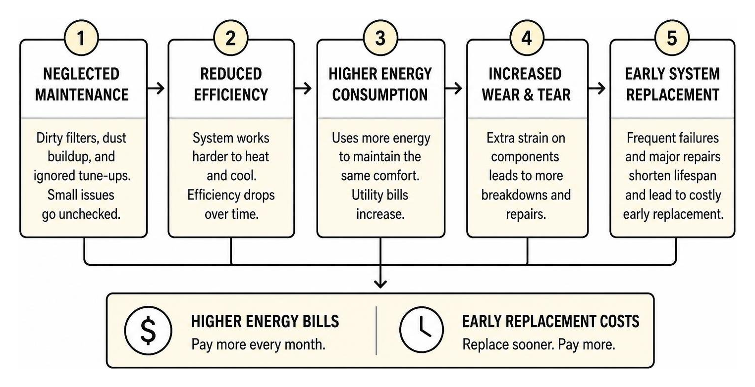 How neglected HVAC systems lead to higher energy bills and early replacement diagram How neglected HVAC systems lead to higher energy bills and early replacement diagram