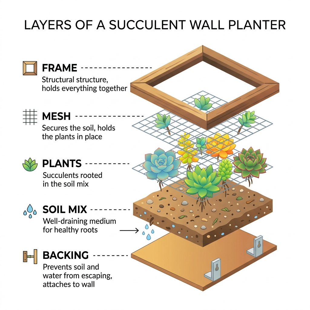 Layers of a succulent wall planter: frame, backing, soil mix, mesh, and plants - diy succulent wall planter infographic Layers of a succulent wall planter: frame, backing, soil mix, mesh, and plants - diy succulent wall planter infographic