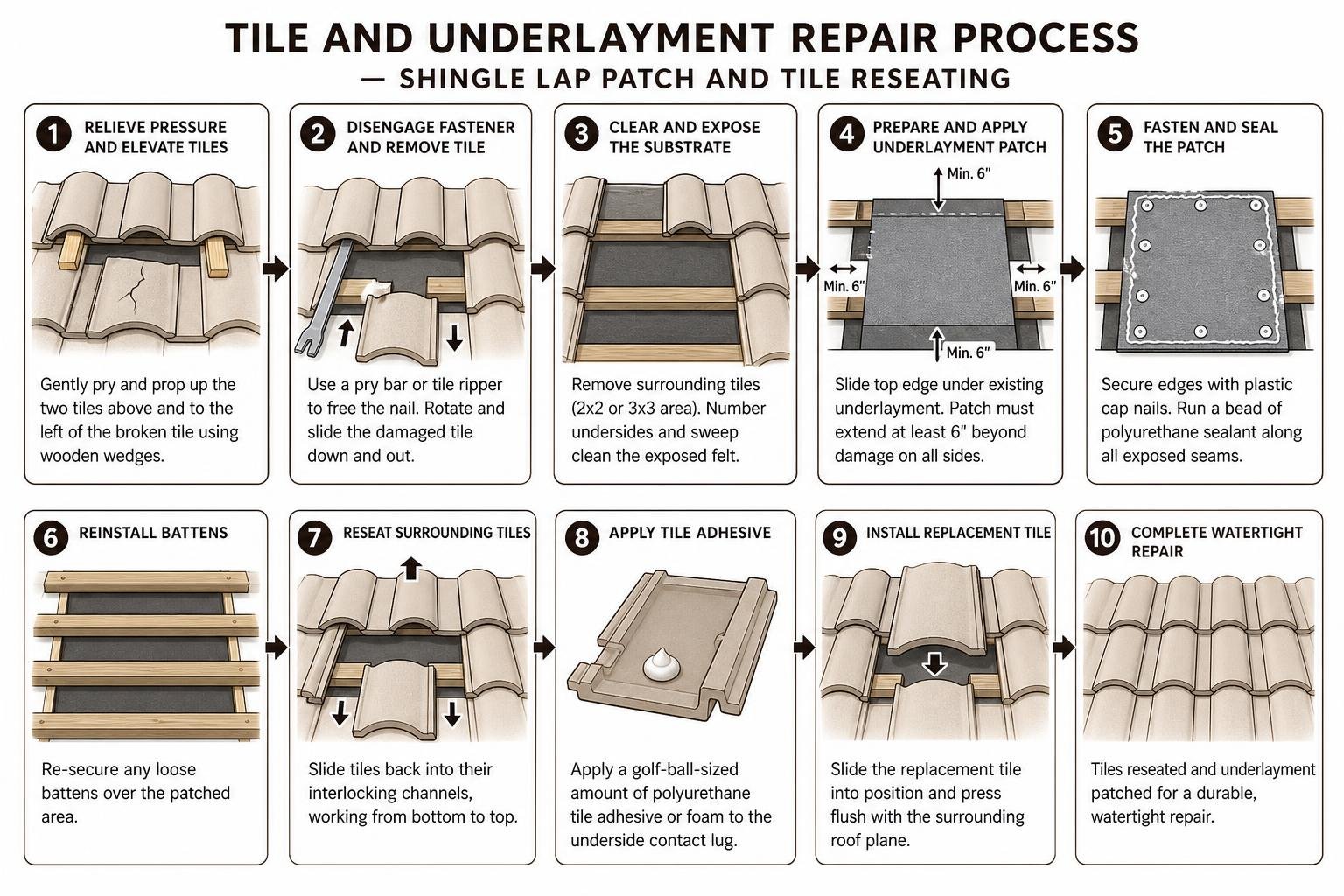 step by step tile and underlayment repair process showing shingle lap patch and tile reseating