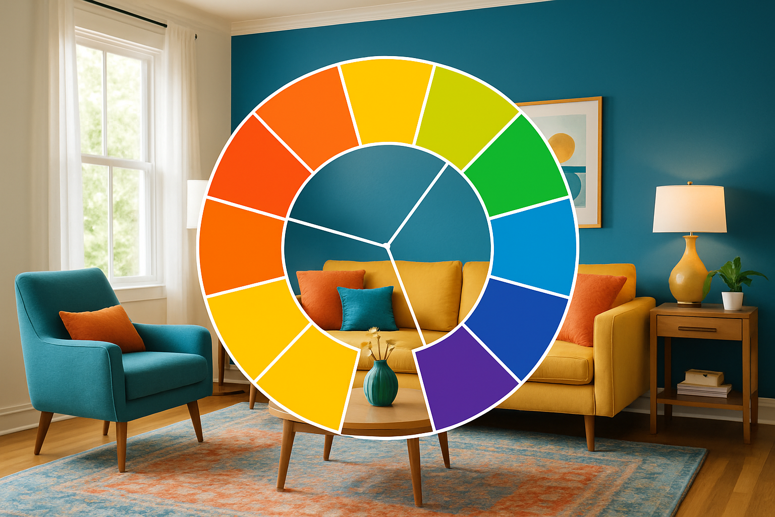 color wheel overlay on a living room photo showing complementary colors - room print colour