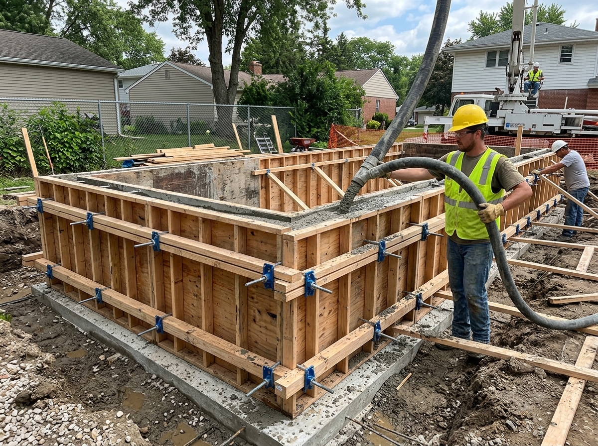 Wall form ties and brackets in a residential foundation project - concrete formwork accessories