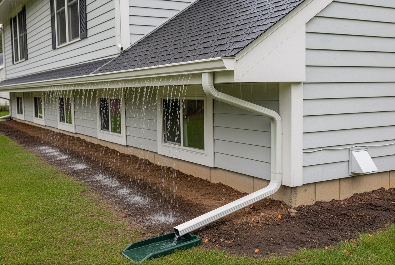 Infographic showing how gutters protect a home: water flows from roof into gutters, is channeled away from foundation through downspouts, preventing soil erosion around the home's base, protecting siding and paint from water stains, and preserving landscaping from washout during Petaluma's winter rains - gutter installation in petaluma ca