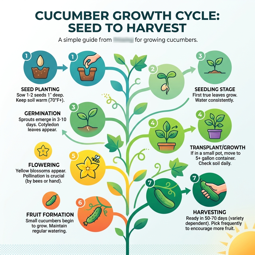 Cucumber growth cycle infographic from seed to harvest stages - Growing cucumbers containers infographic 