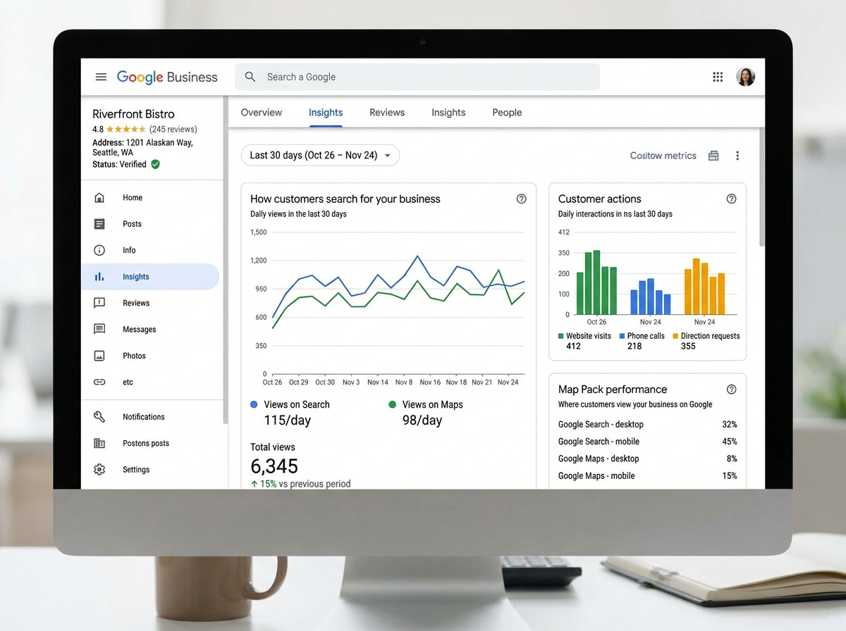 Google Business Profile dashboard showing insights and engagement metrics - local seo company Google Business Profile dashboard showing insights and engagement metrics - local seo company