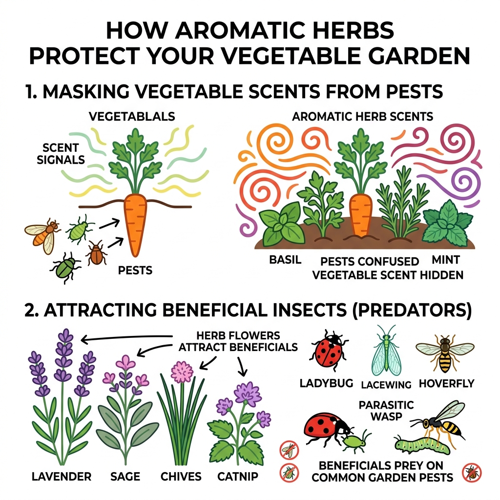 Infographic showing how aromatic herbs mask vegetable scents from pests and attract beneficial insects - herbs that keep