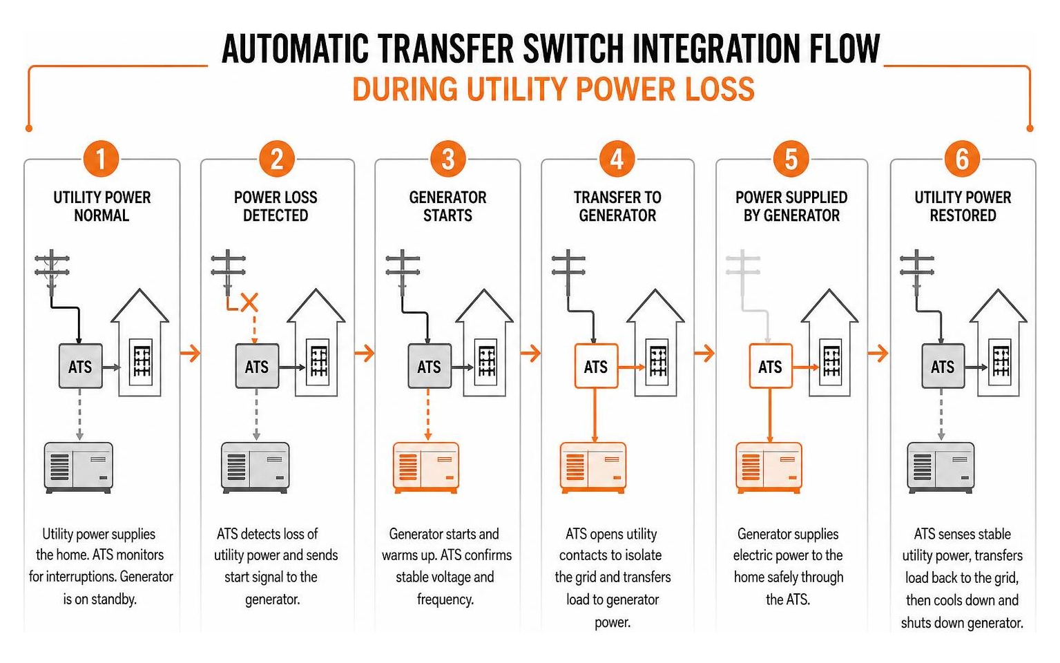 Automatic transfer switch integration flow during utility power loss