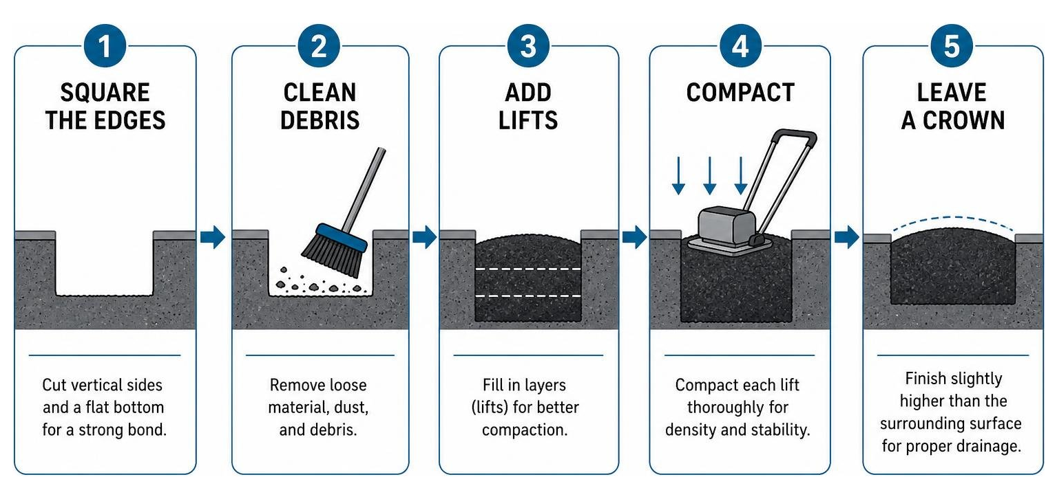 Step-by-step process: square the edges, clean debris, add lifts, compact, and leave a crown