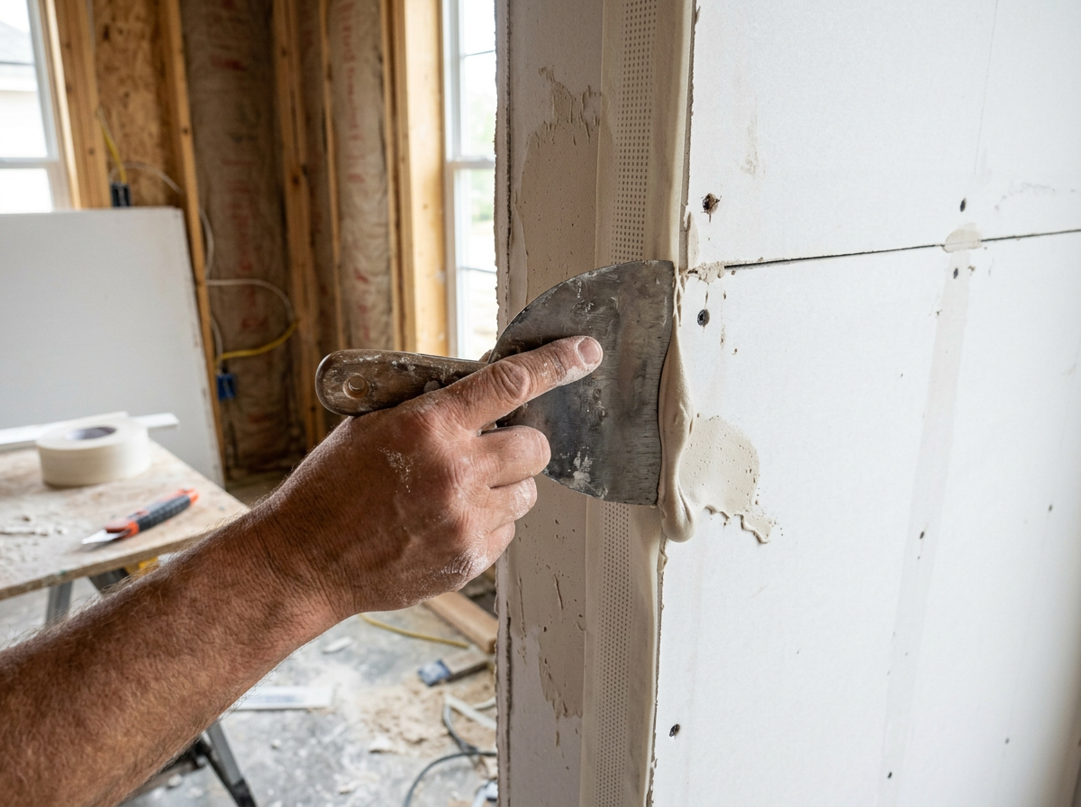 Taping knife embedding drywall tape in flexible joint compound on a drywall partition Taping knife embedding drywall tape in flexible joint compound on a drywall partition